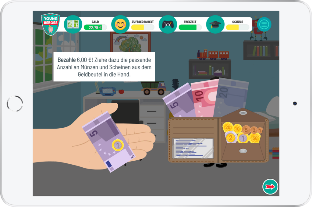 Bezahlvorgang mit Münzen und Scheinen in der YoungHeroes-App